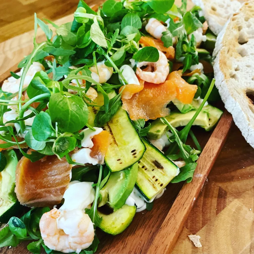A summer sharing board of grilled courgette and smoked salmon