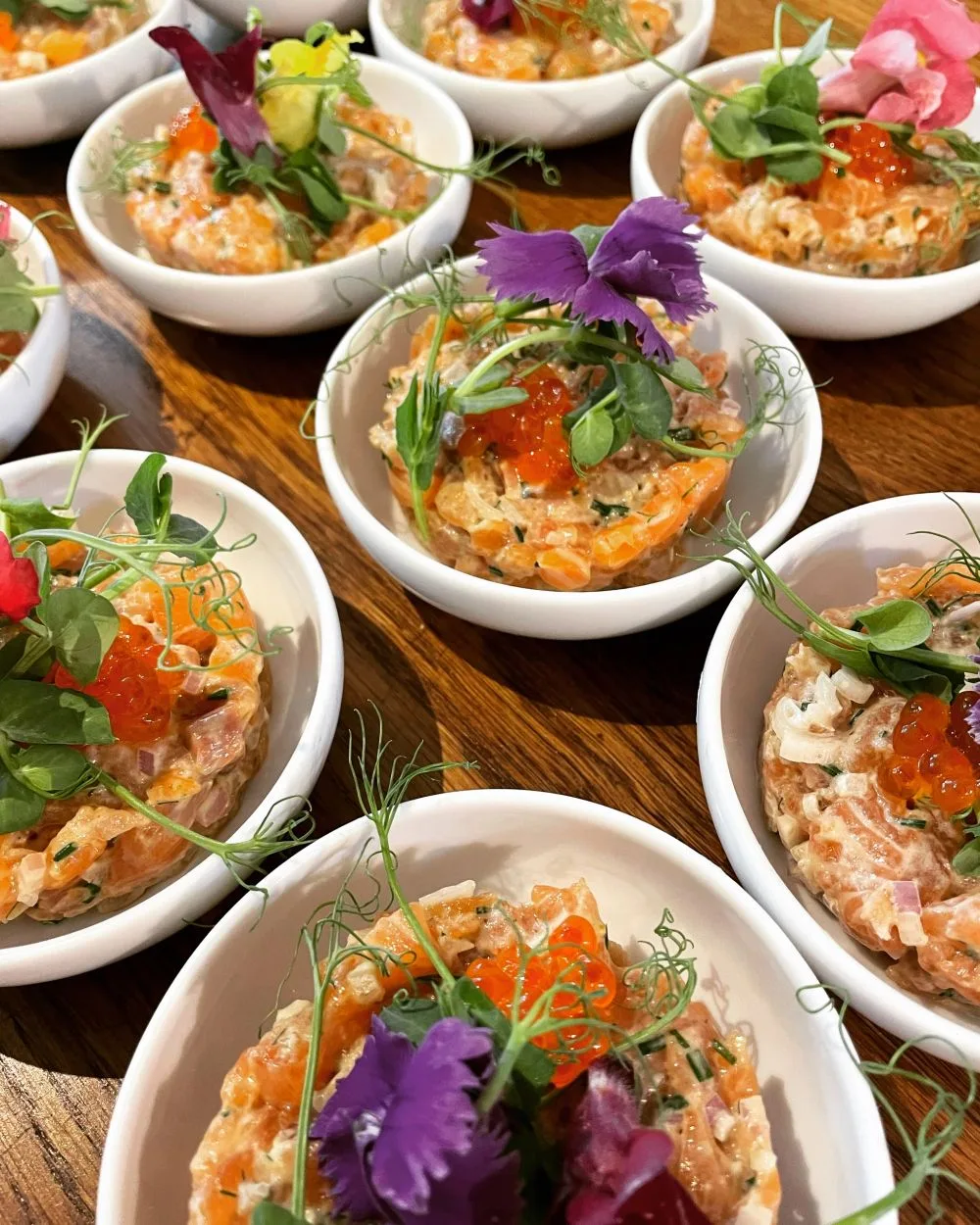 Individual starters finished with edible flowers