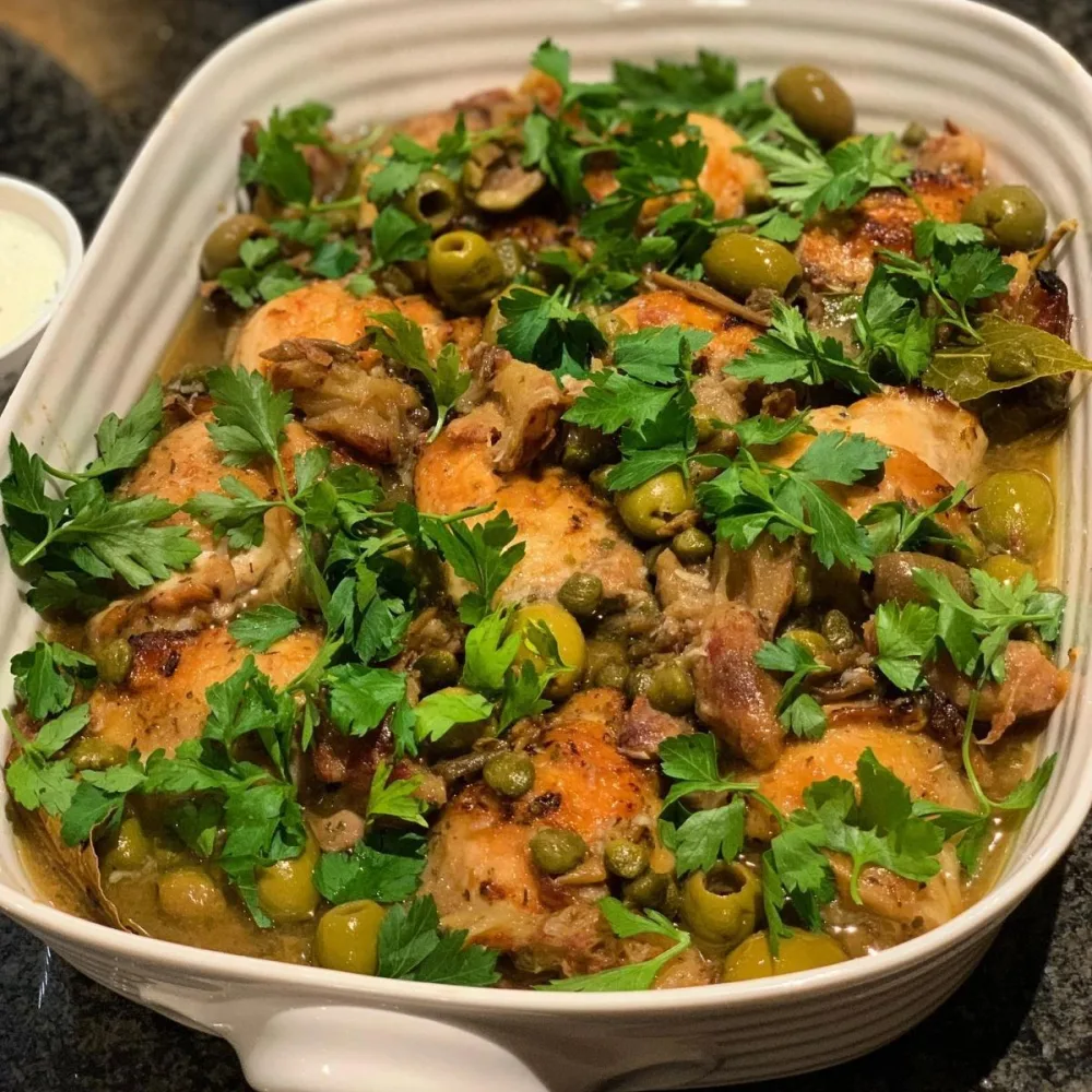 A herb-strewn chicken and olive traybake