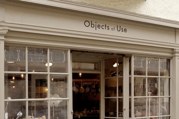 The grey-green shopfront of Objects of Use on Market Street, Oxford