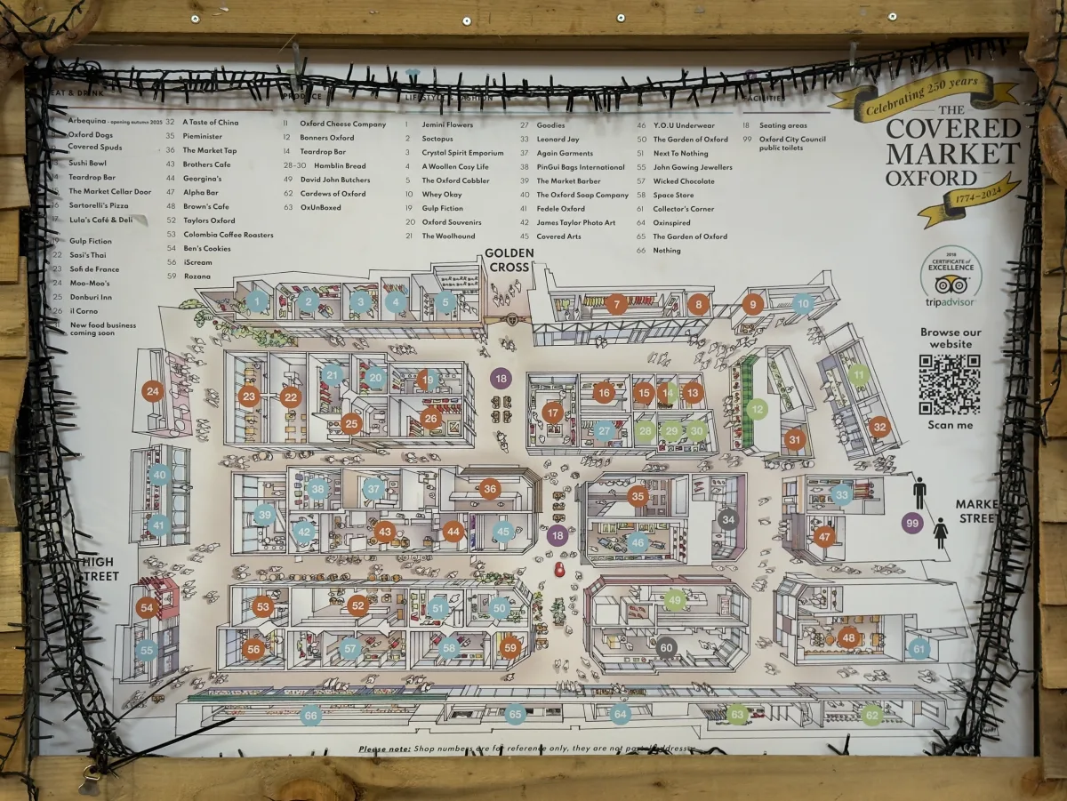 Illustrated plan of Oxford Covered Market marking around sixty numbered stalls between the High Street, Market Street and Golden Cross entrances