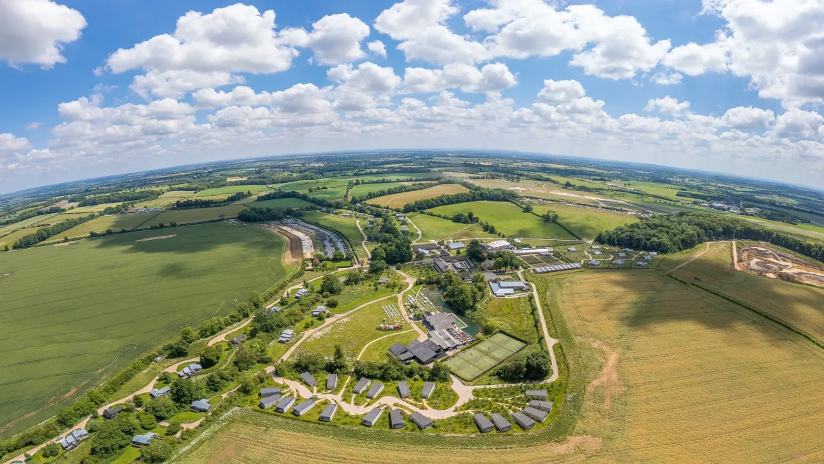 Aerial view of the Soho Farmhouse estate and grounds in the Oxfordshire countryside