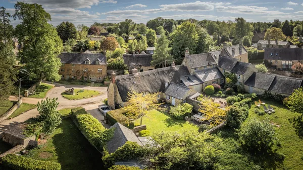 Well Cottage and Ledwell hamlet, Oxfordshire, drone view