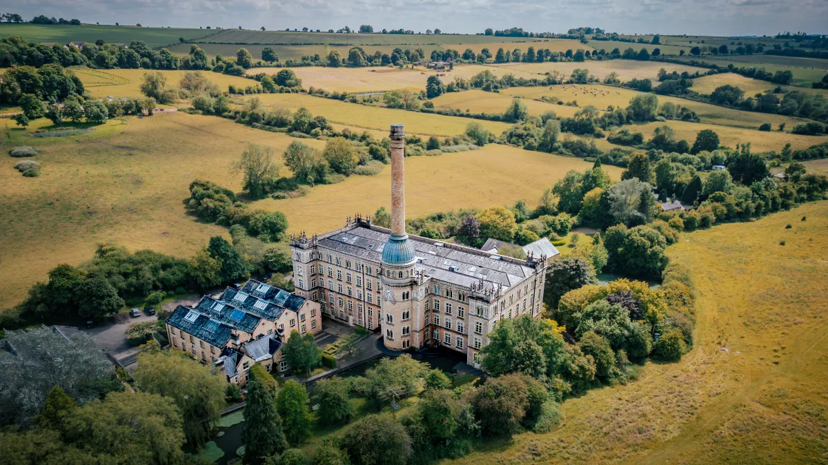 Aerial view of Cotswold countryside near Well Cottage