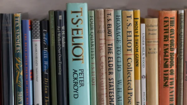 Book spines on the bedroom shelf: T. S. Eliot, W. H. Auden, poetry and collected verse