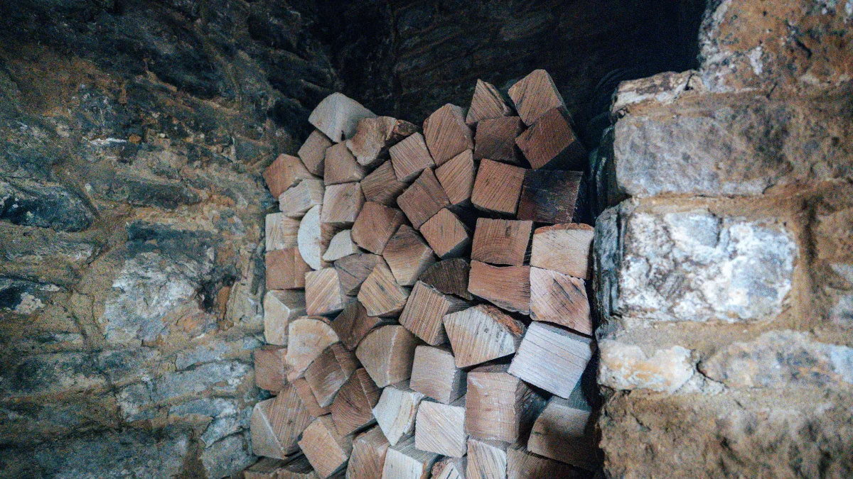 Split firewood stacked neatly into a stone recess beside the inglenook fireplace