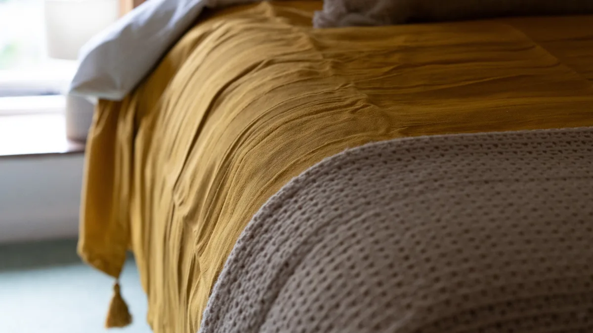 The crinkled ochre bedspread and tasselled throw folded back over a cream waffle blanket on one of the single beds