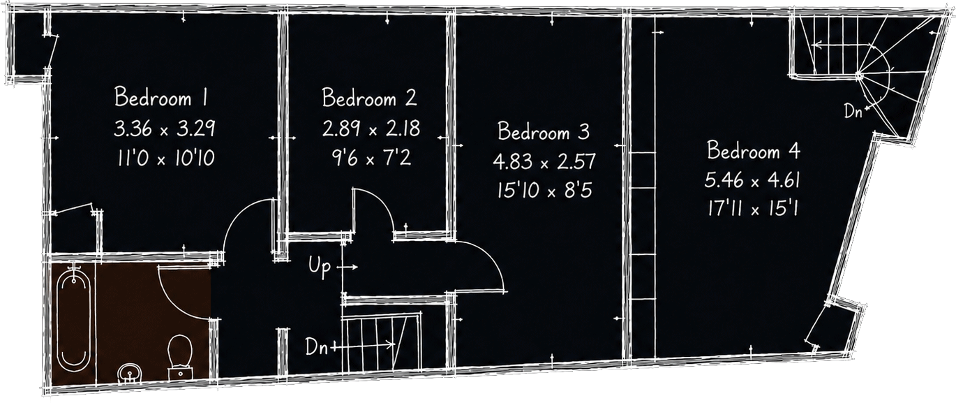 First floor plan of Well Cottage showing four bedrooms and two bathrooms