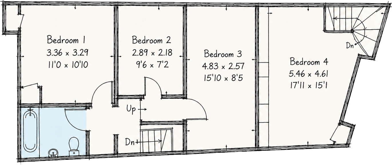 First floor plan of Well Cottage showing four bedrooms and two bathrooms