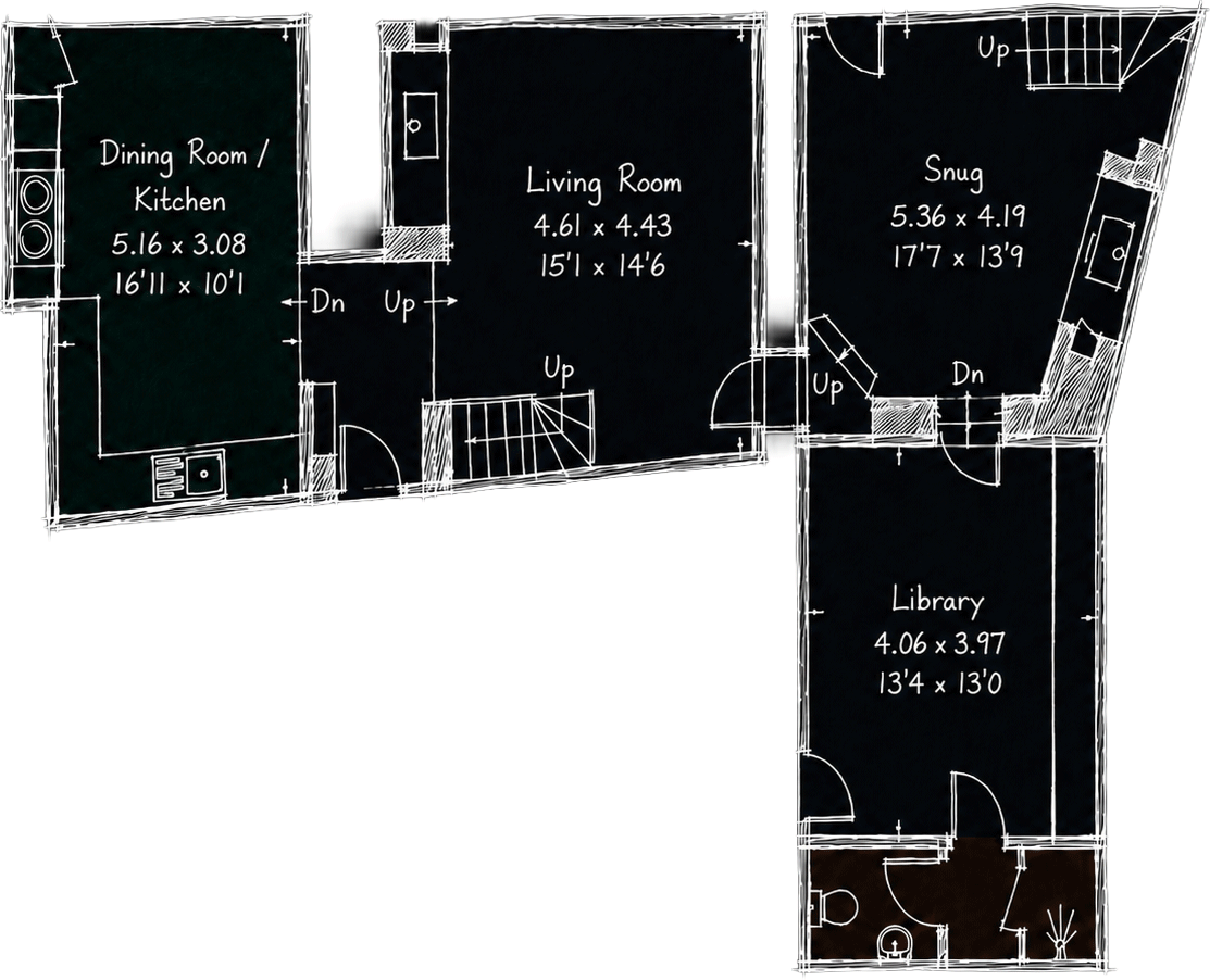 Ground floor plan of Well Cottage showing the kitchen, sitting room, snug and library