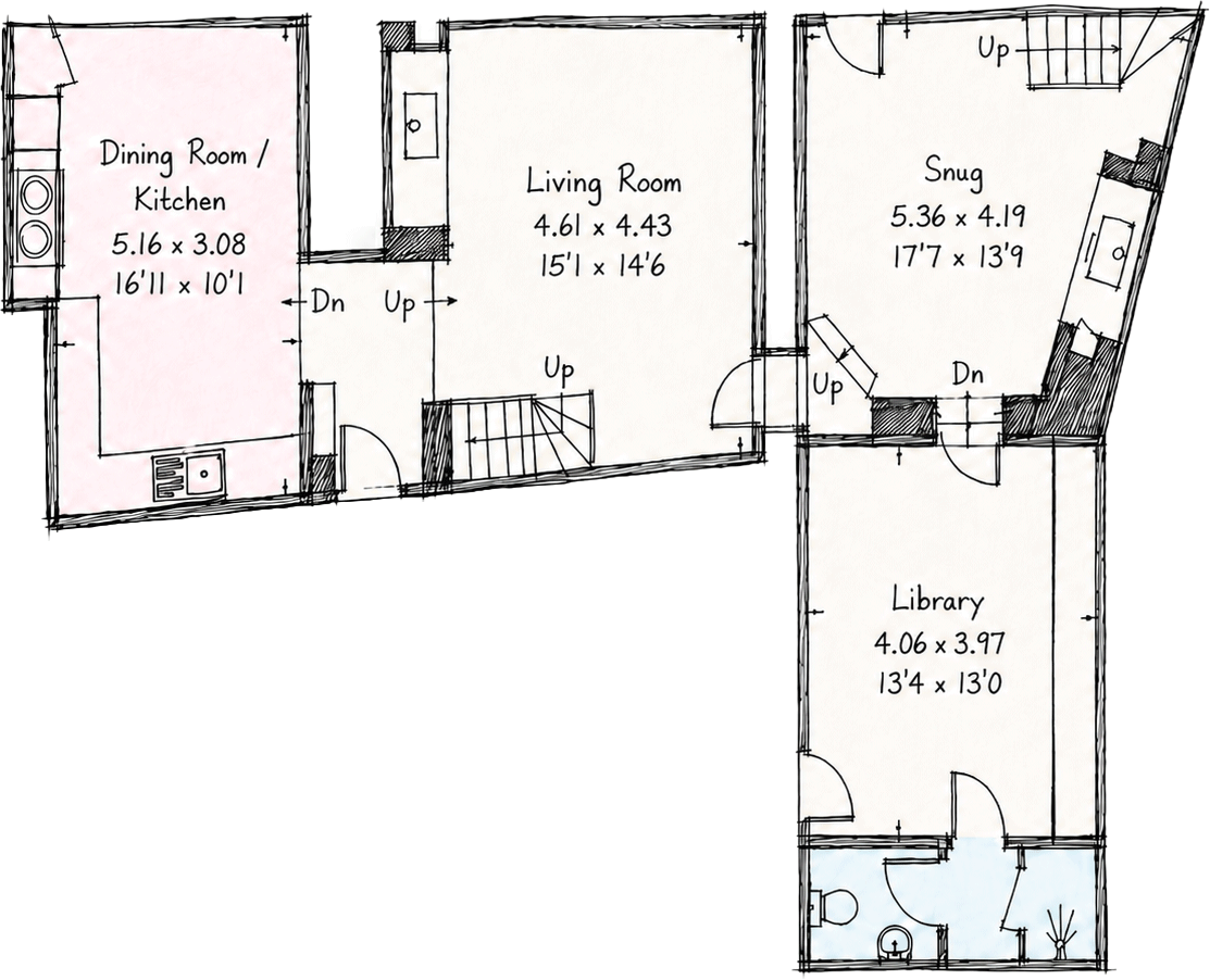 Ground floor plan of Well Cottage showing the kitchen, sitting room, snug and library